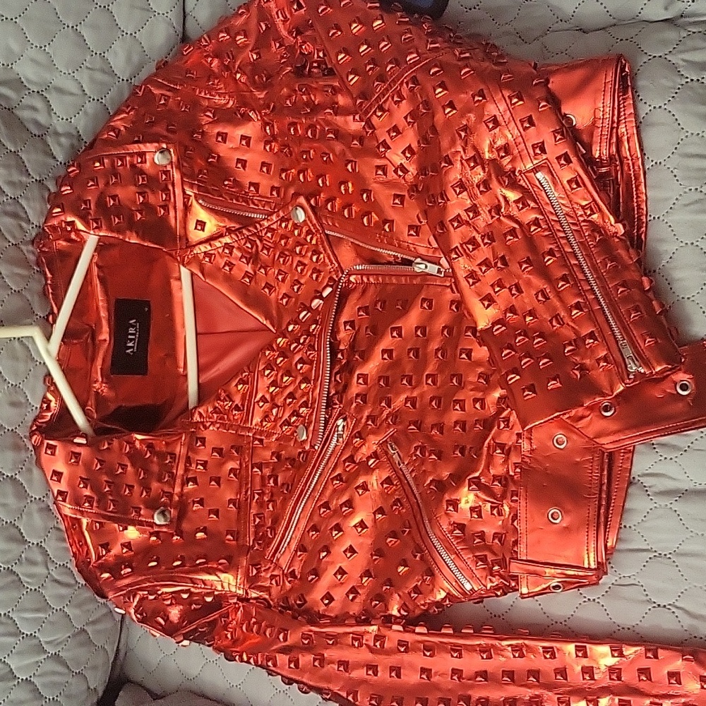 AKIRA Metallic Red Studded Moto Jacket